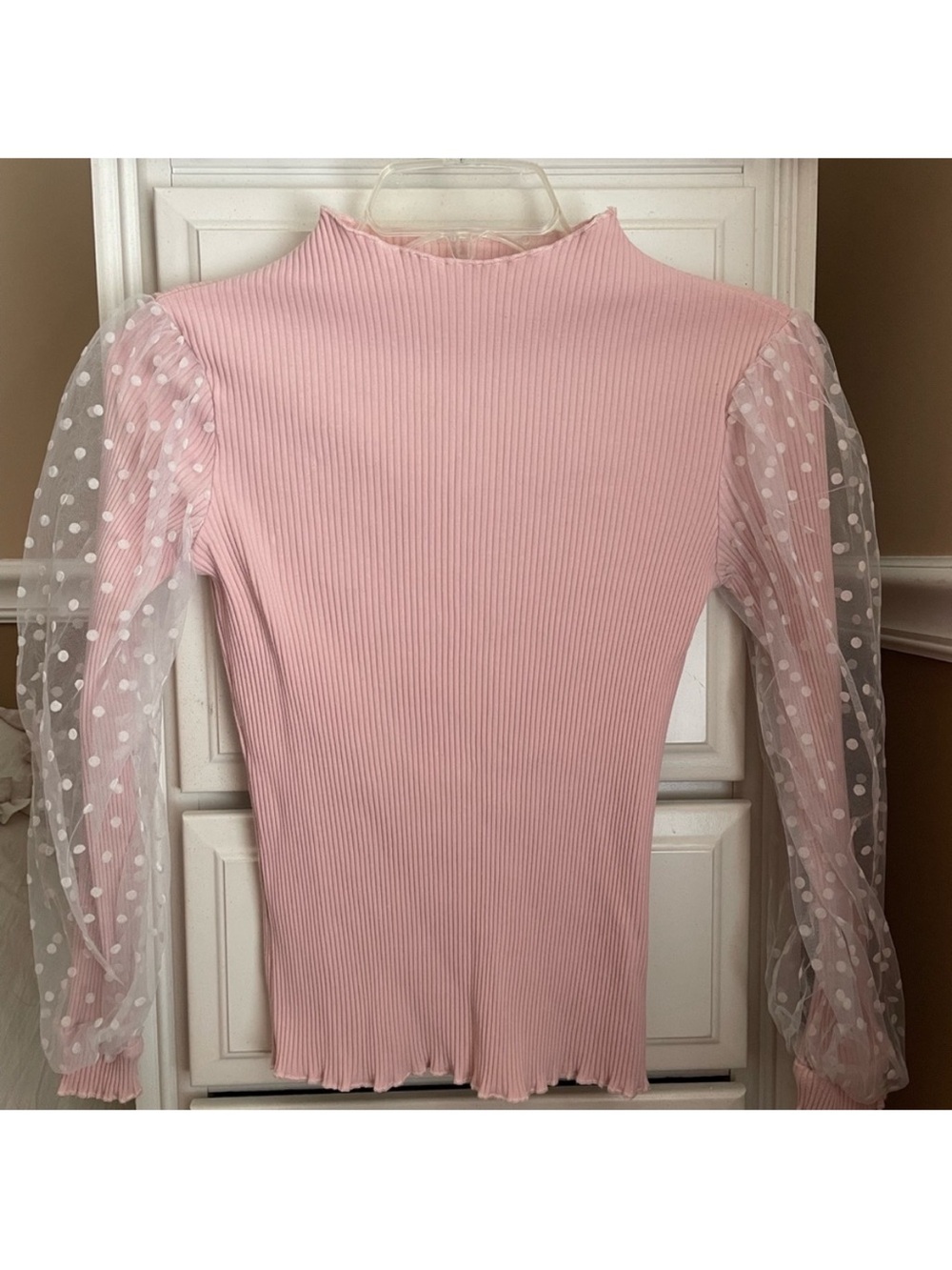 SHEIN Pink Ribbed Mock Neck Top with Sheer Polka Dot Sleeves Size 11-12